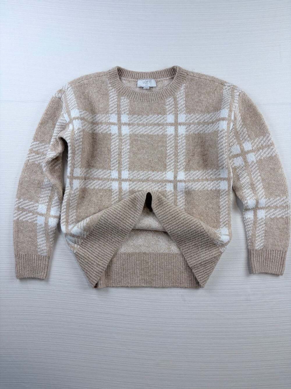 Loft Outlet Petite Beige White Plaid Crewneck Sweater XXSP